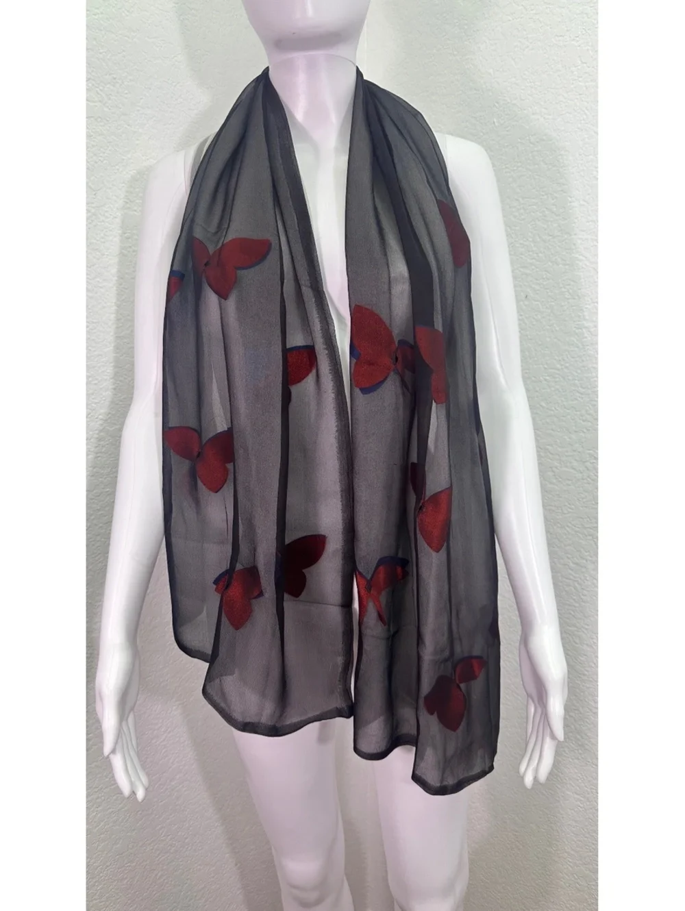 Two Layer 100% Silk Scarf Trapped Butterflies 20x65 Wrap Cover Up Blue & Red